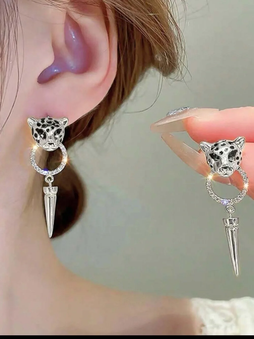 Silver & Black Cheetah Leopard Rhinestones Drop Earrings - Women Jewelry - Picture 2 of 10